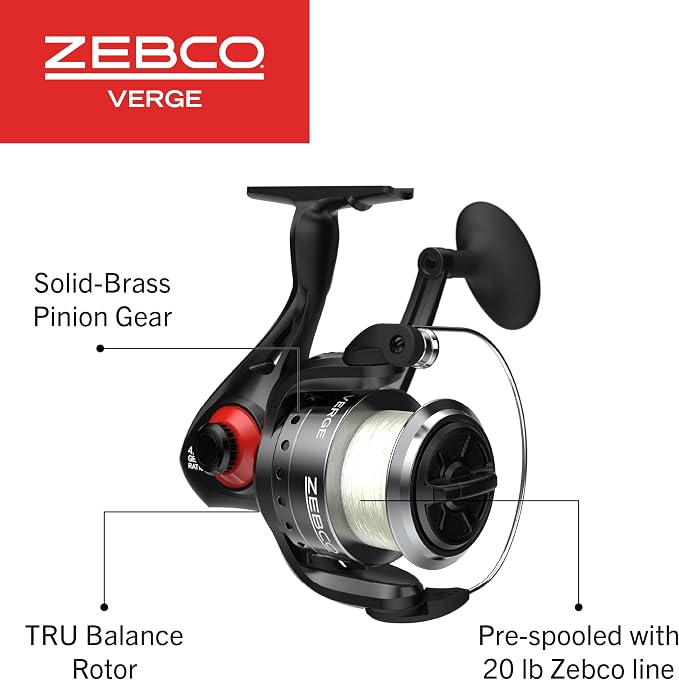 Zebco Verge Spinning Fishing Reel, Right or Left-Hand Retrieve, Pre-Spooled with Zebco Fishing Line, All-Metal Gears, TRU Balance Rotor, Black