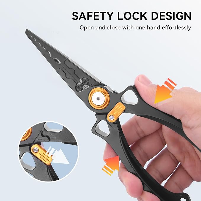 Fishing Pliers Hook Remover, Saltwater Split Ring Pliers with Safety Lock, Fishing Gear with Sheath and Lanyard, Fishing Gifts for Men