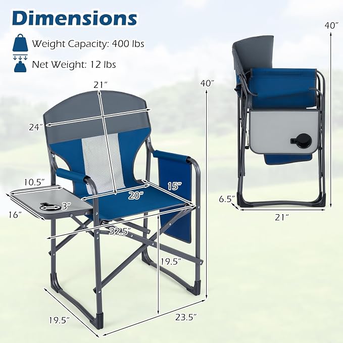COSTWAY Oversized Folding Camping Chair with Padded Seat, Side Table, Cup Holder & Storage Pocket, Heavy-Duty Portable Director's Chair for Beach, Fishing, Picnic & Sports, Supports 400 lbs (Navy,1)