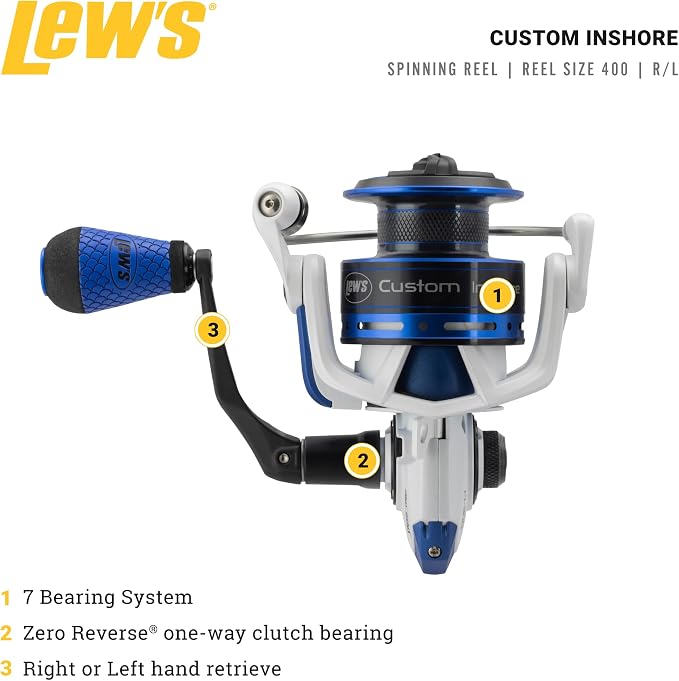 Lew's Custom Inshore Speed Spin Spinning Fishing Reel, 6.2:1 Gear Ratio, Right or Left-Hand Retrieve, Aluminum Frame, 7 Bearing System with Stainless Steel Double Shielded Ball Bearings, White