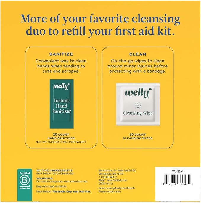 Welly First Aid Kit Refill Clean Carton | Individually Wrapped Hand Sanitizer and Cleansing Wipes | 50ct