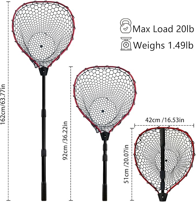 Telescoping Metal Lock Fishing Net with Handle Red Green 64" 52" Rubber Fish Net - Adjustable Length Lightweight Foldable Large Big Collapsible Extendable Fishing Net