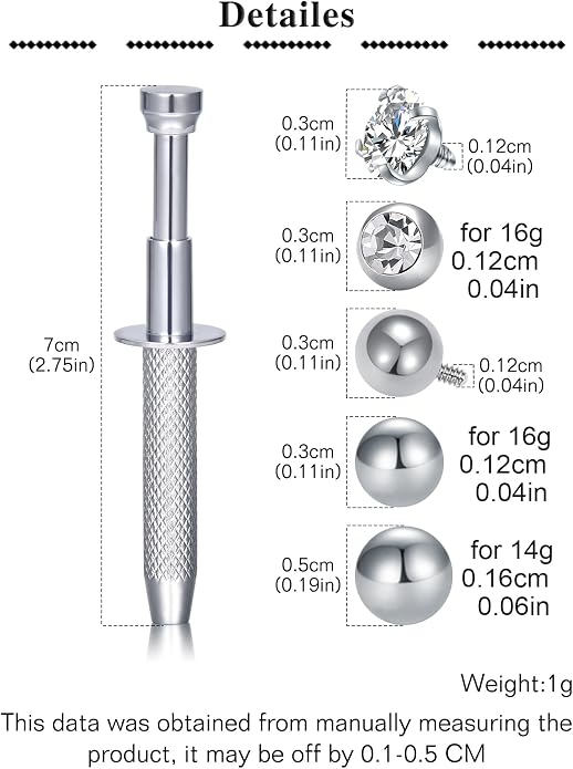 QWALIT Piercing Taper Threadless Insertion Tool - Titanium Labret Pin 16g, 18g, 20g