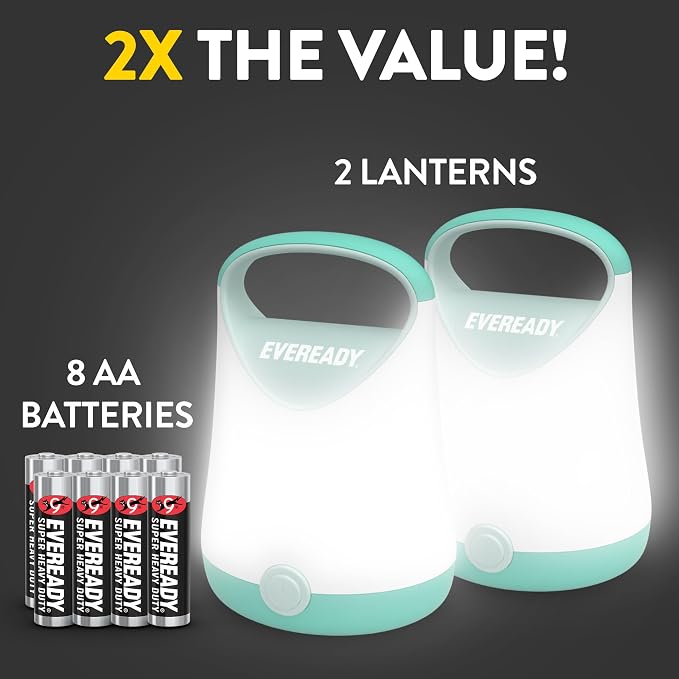 Eveready LED Camping Lantern X-250 (2-Pack), Super Bright Tent Lights, Rugged Water Resistant LED Lanterns, 100 Hour Run-time (Batteries Included), Teal