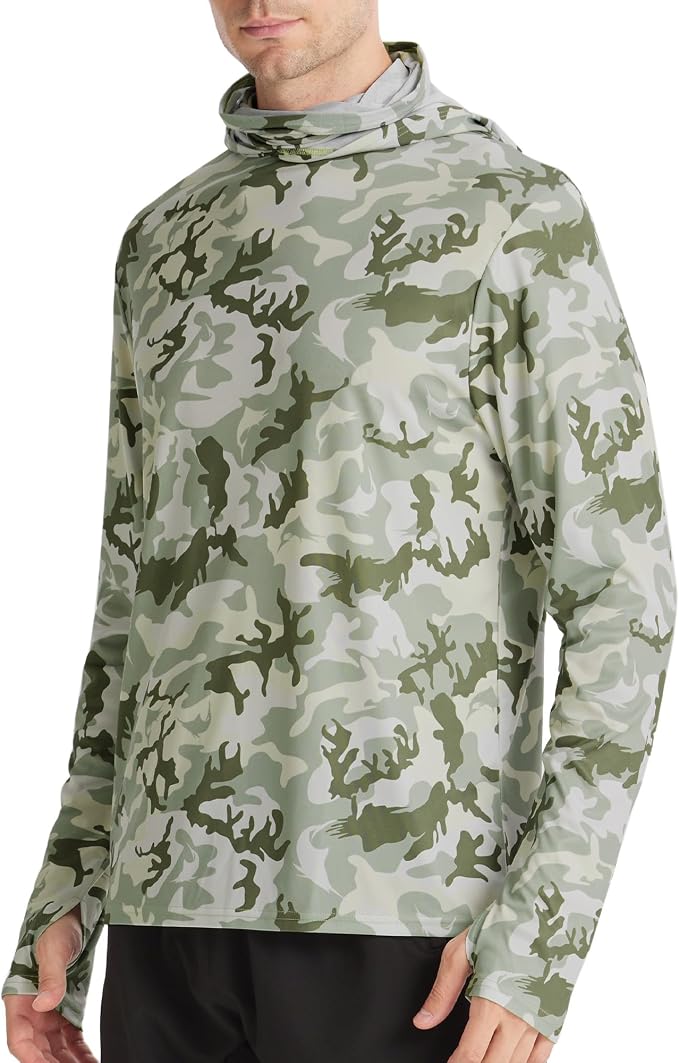 FISHEAL Men's Performance Fishing Hoodie Shirt - UPF 50+ Sun Protection Long Sleeve Thumbholes Shirts with Neck Gaiter