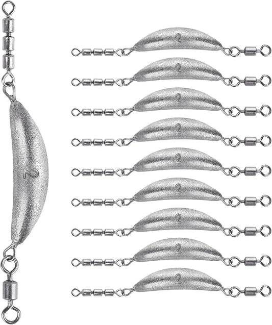 THKFISH Fishing Spin Sinker，Crescent Sinker with 3 Roller Swivels Fishing Sinker Drop Shot Weights Fishing Weights Kit Inline Trolling Sinkers,Torpedo Sinkers Saltwater Freshwater,1/2-6OZ, sliver