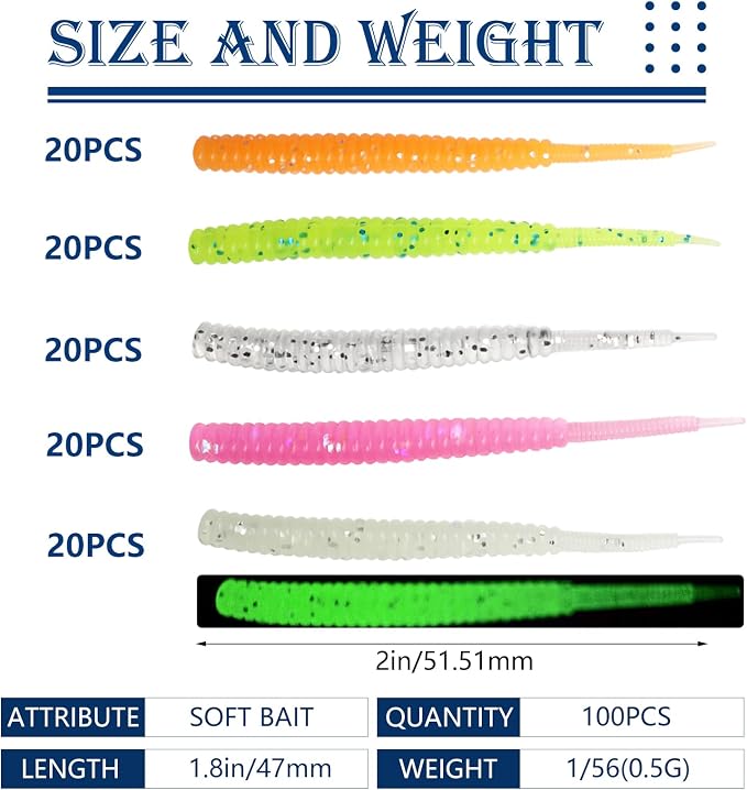 Dovesun Crappie Lures Kit Fishing Soft Plastic Lures Crappie Walleye Trout Bass Fishing Baits Fishing Grub Worms Minnow Paddle-Tail Split-Tail Grub Swimbaits 50-100Pcs with Tackle Box
