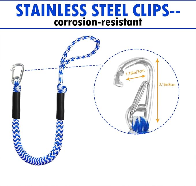 Boat Bungee Dock Lines – Adjustable Boat Tie Downs for Pontoon, Jet Ski, PWC, Kayak | Single Hook Small Cruiser Mooring Lines | (2, Blue & White, 3 Feet)