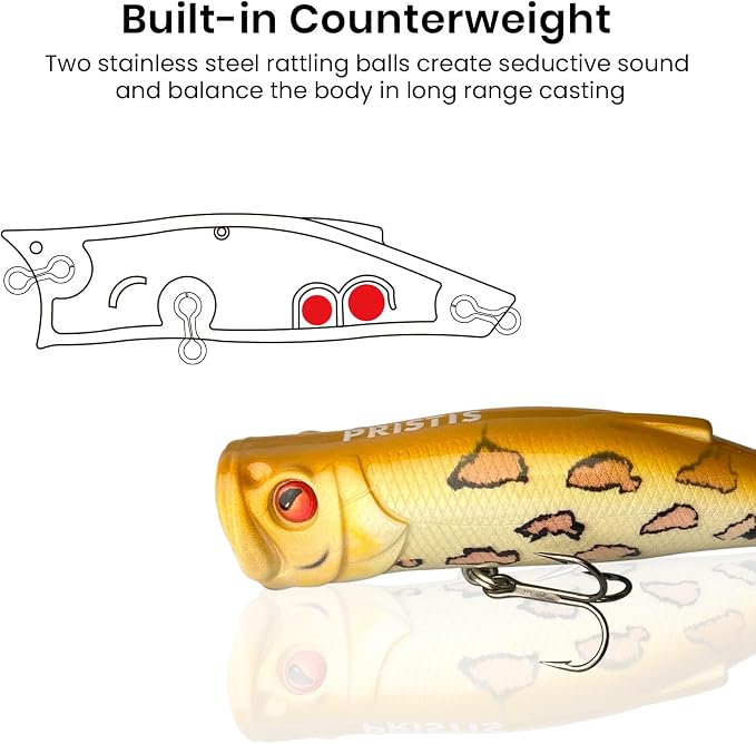 Pristis 3 pcs Topwater Fishing Plopper Lures, Floating Popper Bait Set with Chemically Sharpened Hooks for Saltwater Freshwater, Top Water Plopping Swimbait Teaser for Bass Tuna Perch Pike Crappie