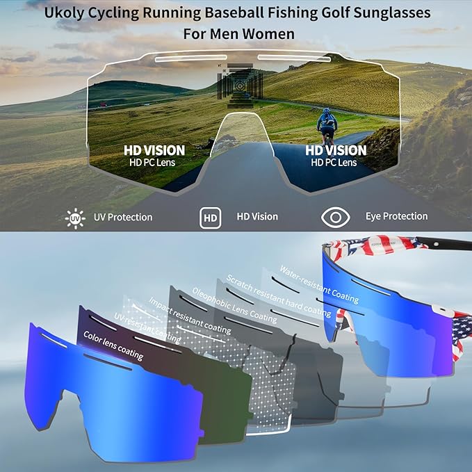 Ukoly Cycling Sunglasses for Men Women with 3 Interchangeable Lenses, Polarized Sports Sunglasses, Baseball Sunglasses