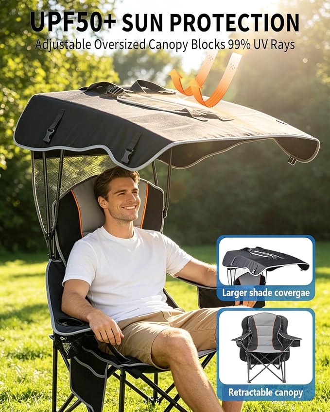 HOPERAN Camping Chair with Canopy, Heavy Duty Beach Chair with Umbrella Cooler Bag Cup Holder Side Pocket Supports 500lbs, Outdoor Folding Chair with Shade for Beach, Lawn, Fishing, Sports