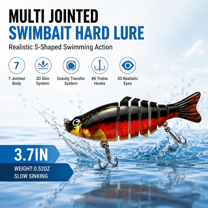 Multi Jointed Swimbait Hard Lure, 3.7in Slow Sinking Fishing Lures with Realistic S-Shaped Swimming Action, Built-in Gravity Transfer System & #6 Treble Hooks for Bass, Trout, Pike, Topwater Lure