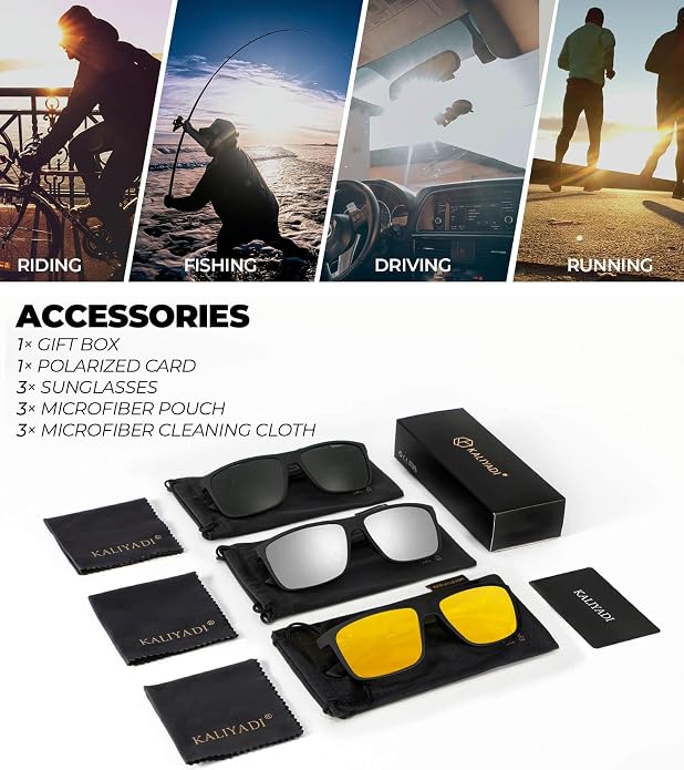 KALIYADI Polarized Sunglasses for Men and Women, Mens Sun Glasses with UV Protection for Driving Fishing Golf (3 Packs)