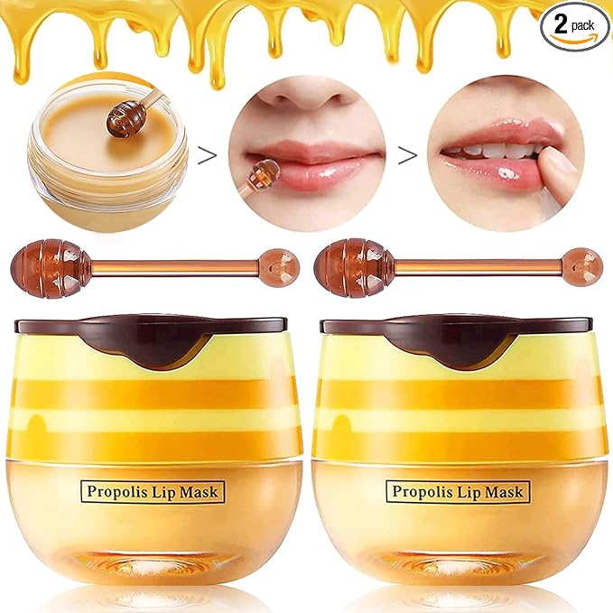 2 Pcs Bee Lip Balm Honey Pot, Honey Lip Mask Propolis Moisturizing Hydrating Prevention Dry and Cracked Lip Scrubs Exfoliator (2 Honey)