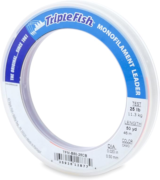 Triple Fish Monofilament Fishing Leader - Clear, Camo Strong Tough Leader Material for Big Game Fishing, Up to 400lb Test