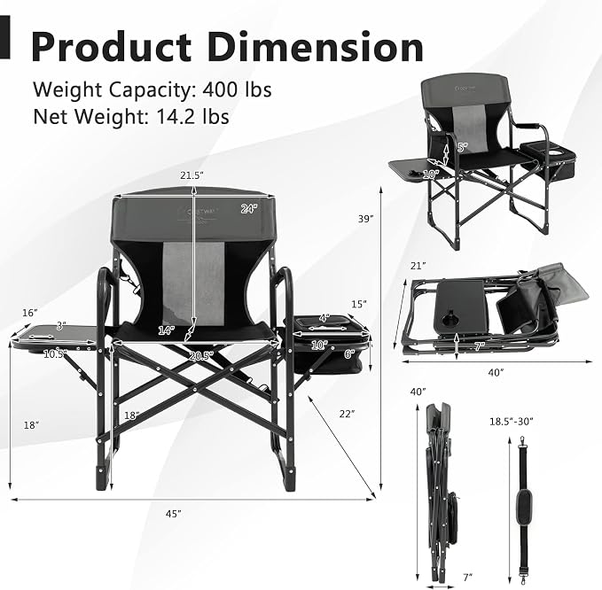 COSTWAY Folding Camping Chair, Heavy-Duty Director Chair Supports 400lbs for Adults with Side Table, Cooler Bag, Storage, Strap, Portable Makeup Chair Suitable for Fishing Picnic