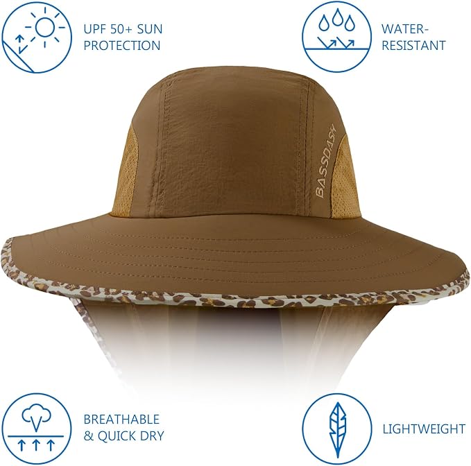 BASSDASH UPF 50+ Unisex Water Resistant Wide Brim Sun Hat with Large Neck Flap Ponytail Fishing Hat for Men Women