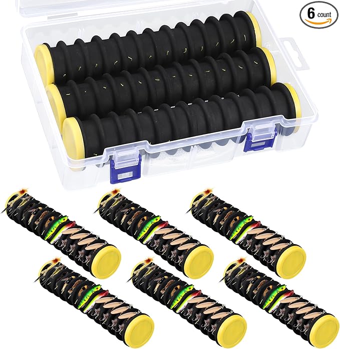 6 Pcs Fishing Leader Holder 6 Pack with Storage Box 72 Slot Snell Hook Organizer Anti-Tangle Rig Keeper for Walleye Catfish Bass Trout