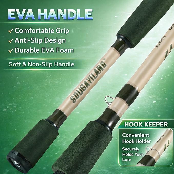 Sougayilang Fishing Rod 24-Ton Carbon&Glass Fiber Composite Spinning and Casting Rod, 2 Piece for Bass Trout Crappie Travel Fishing- 6'0"