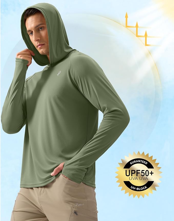 Pudolla Men's Sun Protection Hoodie Shirts UPF 50+ Rash Guard SPF Long Sleeve Fishing Shirt for Men Swim Hiking Boating