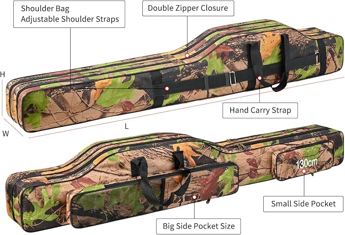 Folding Fishing Rod Case, Travel Fishing Pole Bag for 2-3 Rods with Reels Attached, Waterproof Oxford Storage Organizer with 3 Layers - 51 inch