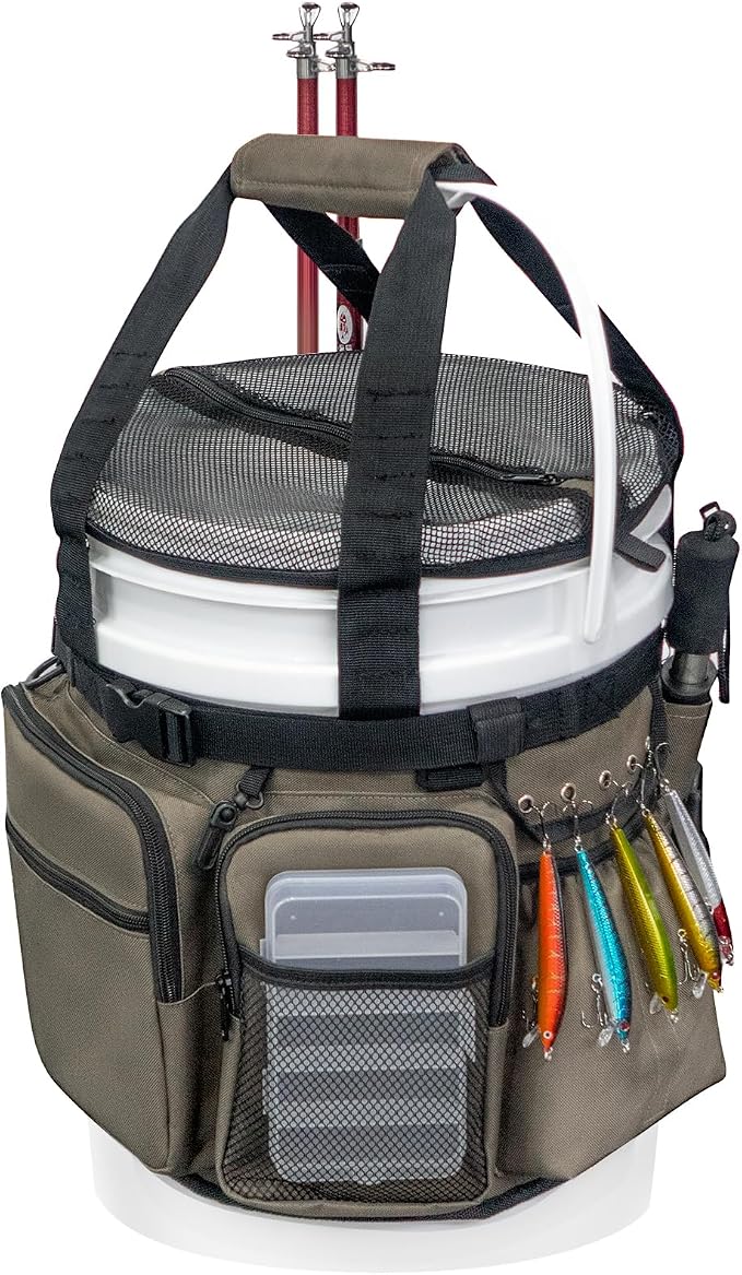 Fishing Bucket Organizer with Bucket Cover Fishing Tackle Bag with Rod & Plier Holder, Multi-Pockets for 5 Gallon Bucket Fishing Gear & Accessories Father Gifts