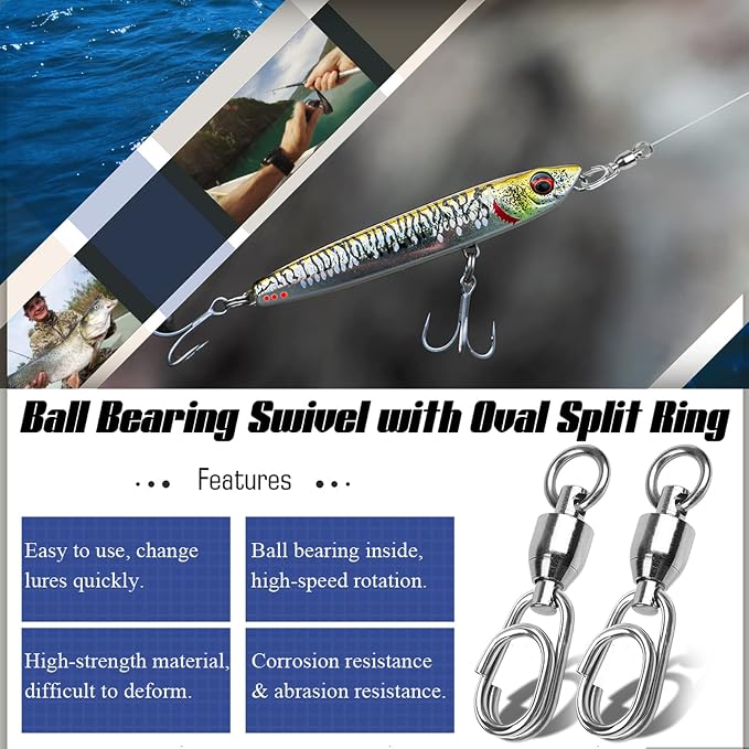 AMYSPORTS High Strength Snap Swivel Stainless Split Rings Fishing Swivel Freshwater Ball Bearing Swivels Fishing Saltwater, 25pcs, 30lbs