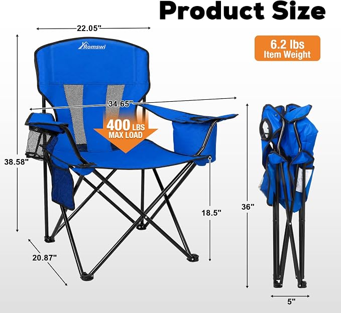 Camping Chairs for Adults 2 Pack, Folding Chair with 4-Can Cooler Bag & Cup Holder, Portable Heavy Duty Outdoor Chair with Mesh Back for Camping, Beach, Lawn, Fishing, Blue