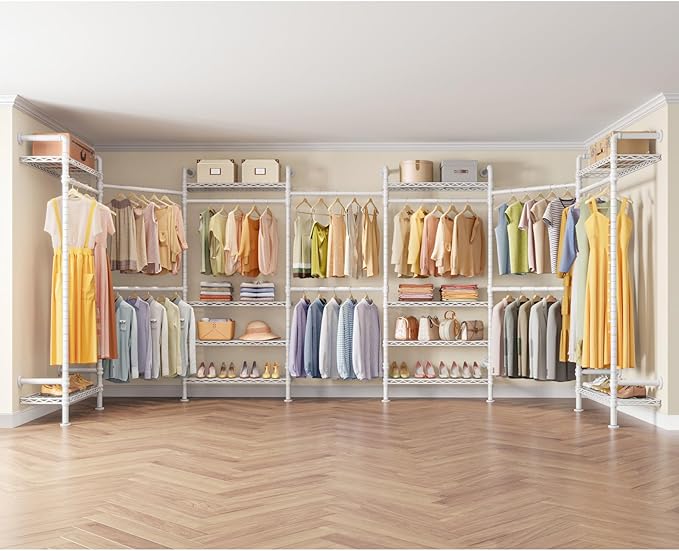 Timate U3 U Shape Heavy Duty Expandable Industrial Pipe Clothing Rack, Wall Mounted L Shaped Closet System, Large Closet Kit, White