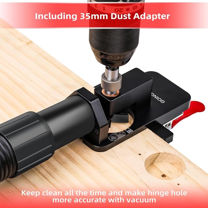 GOINGMAKE Compact Metal Concealed Hinge Jig with Quick Clamp,35mm Cabinet Hinge Jig with Dust Adapter for Cabinet Hinge Mounting,Woodworking Cabinet Door Hinge Jig Drill Guide Cabinet Hardware Jig