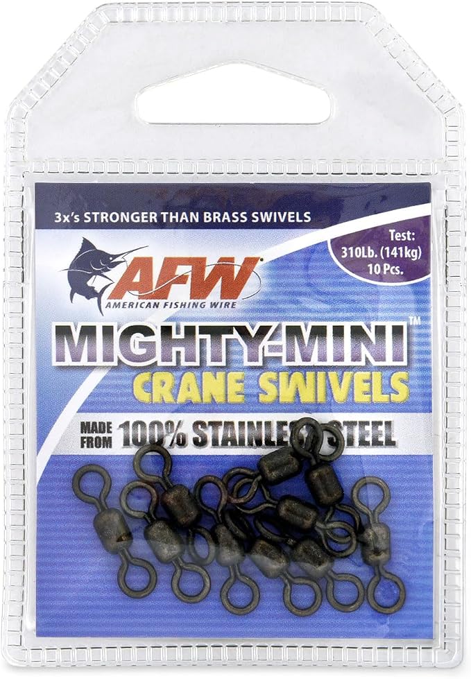 AFW American Fishing Wire Fishing Swivels - Mighty Mini 100% Stainless Steel Crane Swivels, 3X Stronger Than Brass, for Terminal Tackle Box, Up to 600lb Test - Fishing Gear for Fishing Line Leaders