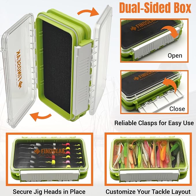 Sturdy Dual Sided Small Tackle Box Organizer, Waterproof Sealed Clear Fishing Tackle Box Tray Storage Case with Slit Foam for Jig Heads-Flies-Spoons-Rigs and Lures (FN0803)