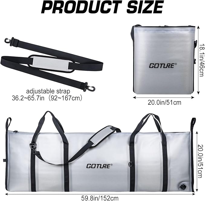 Goture Insulated Fish Cooler Bag, 840D TPU Leakproof Fish Kill Bag with Airtight Zipper, Large Waterproof Fishing Cooler Bag with Carry Handle, Drain Plug, Keep Ice Cold All Day, 59.8inx20in