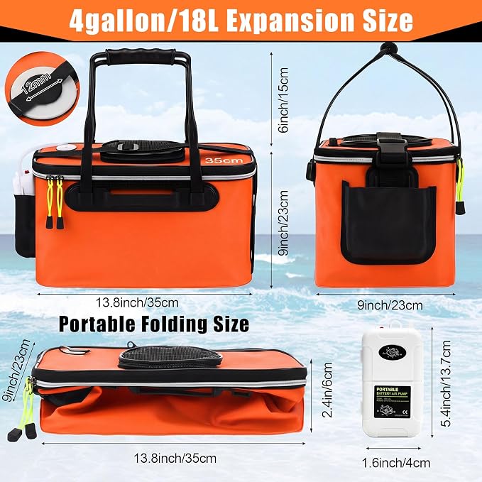2 Pcs Fishing Bucket and Live Bait Aerator, Foldable Multi Functional Live Bucket Portable Quiet Aerator Outdoor Camping Fishing EVA Bag
