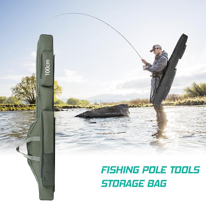 Fishing Rod Case with Fishing Tackle Box Portable Folding Rod Case Pole Reel Storage Bag Gears Organizer (100CM)