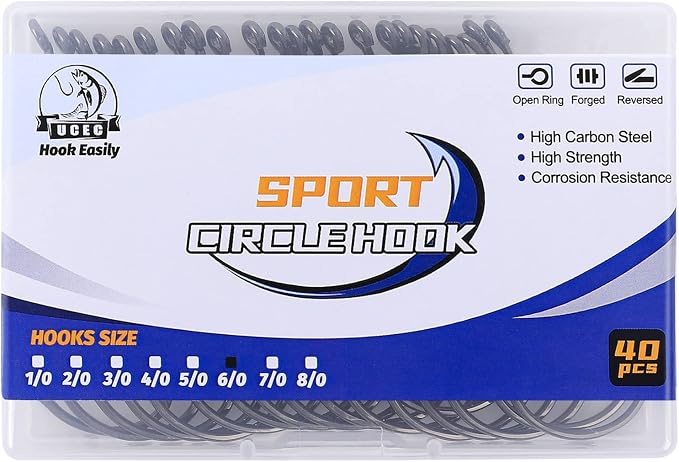 UCEC Circle Hooks Fishing Hooks 2X Strong Offset Circle Hooks Saltwater Black High Carbon Steel Octopus Catfish Fishing Hooks Fishing Gear Tackle 150pcs/ 240pcs - Size:#1 1/0 2/0 3/0 4/0 5/0 6/0 8/0