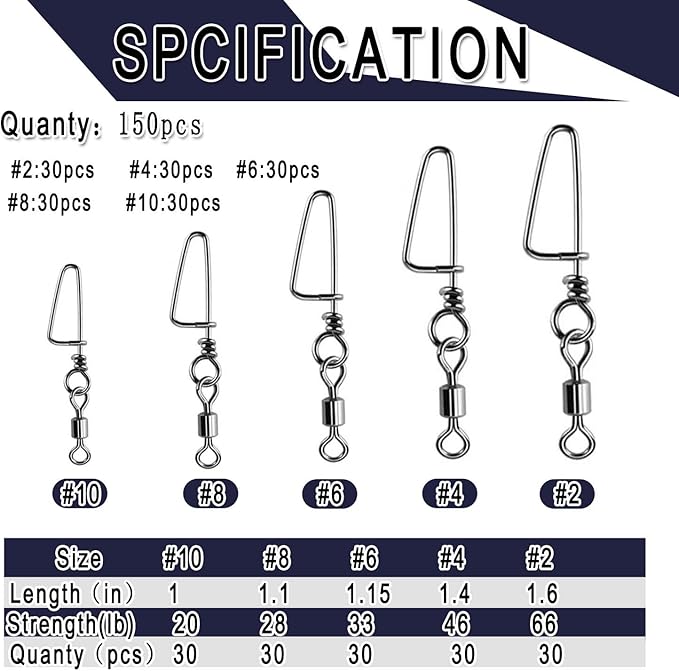 150pcs Fishing Snap Swivels Barrel Swivel with Coastlock Snap Stainless Swivel Corrosion Resistant Fishing Tackle Accessories Lure Line Connector for Saltwater Freshwater Fishing