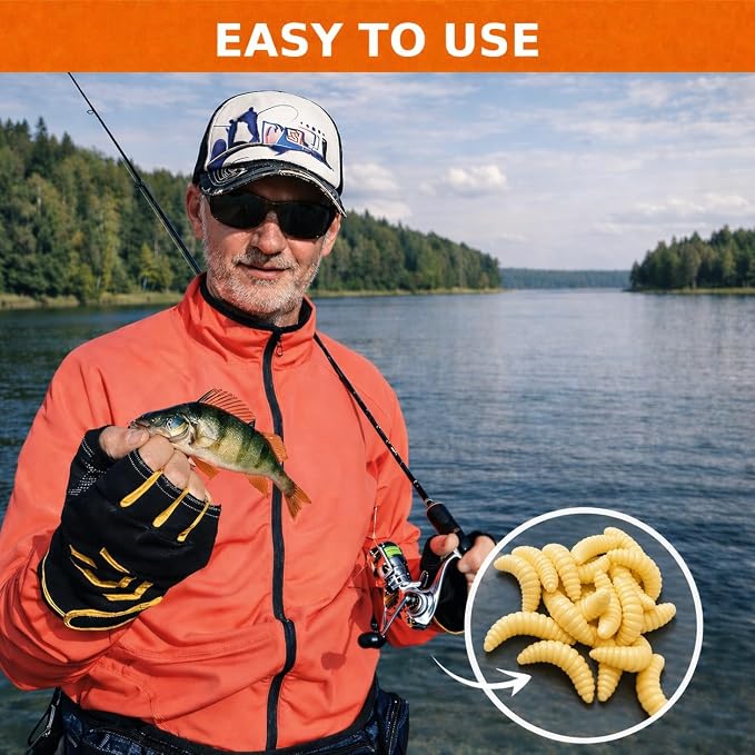 Fake Worms for Fishing – Realistic Soft Plastic Fishing Lures – Artificial Maggots & Waxworms for Panfish, Bluegill Lure Bait