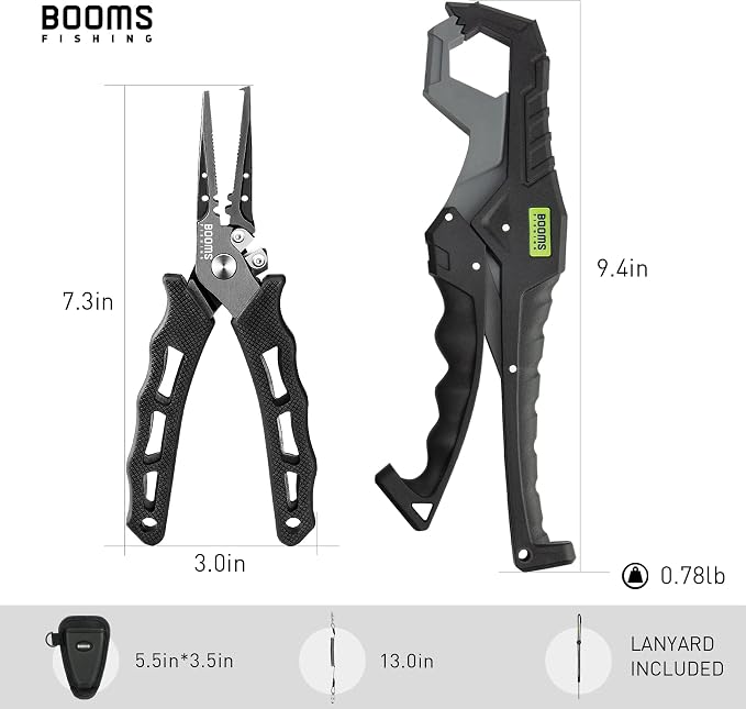 Booms Fishing F07S Pliers and Fish Lip Gripper Combo, Hook Remover, Split Ring Pliers, Stainless Steel Saltwater Tools With Lanyard and Sheath, Gift for Men