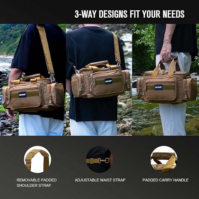 Goture Fishing Tackle Bag, 600D Water-Resistant Soft Side Crossbody Sling Bag for Men & Women,Small Gear Storage Tactical Bags for Saltwater & Freshwater,Fits 4 3600 Tackle Boxes (Not Included)