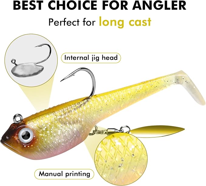 TRUSCEND Shadtale Easy Catch Soft Fishing Lures with BKK Hooks - Trembly Sinking and Vibrating Swim for More Bites, Pre-Rigged Swimbaits for Bass, Trout, Crappie, Walleye, Freshwater Saltwater Fishing