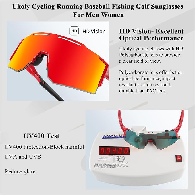 Ukoly Cycling Sunglasses for Men Women with 3 Interchangeable Lenses, Polarized Sports Sunglasses, Baseball Sunglasses