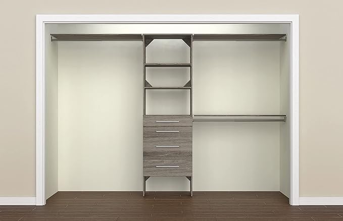 ClosetMaid SuiteSymphony Wood Closet Organizer Kit with Tower, 3 Hang Rods, Top Shelves, 4 Drawers, Modern, Fits Spaces 6 - 10 ft. Wide, Graphite Grey