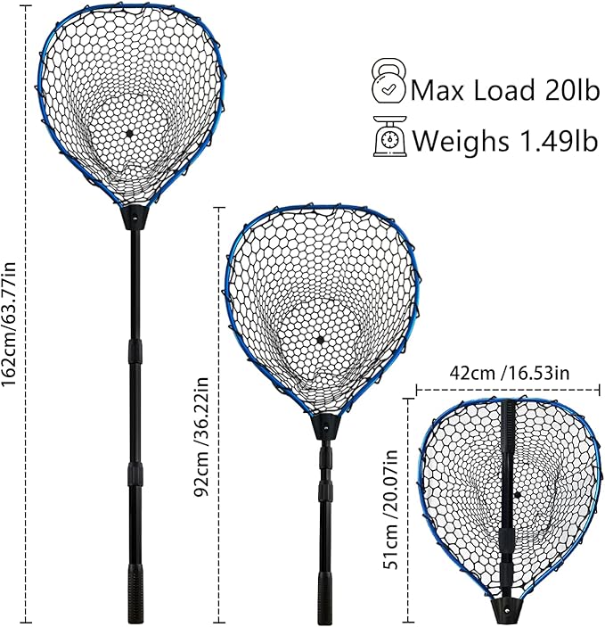 Telescoping Metal Lock Fishing Net Blue Aluminum Alloy Rubber Fish Net - Adjustable Length Lightweight Foldable Large Fishing Net with Handle Collapsible Extendable Fishing Accessories