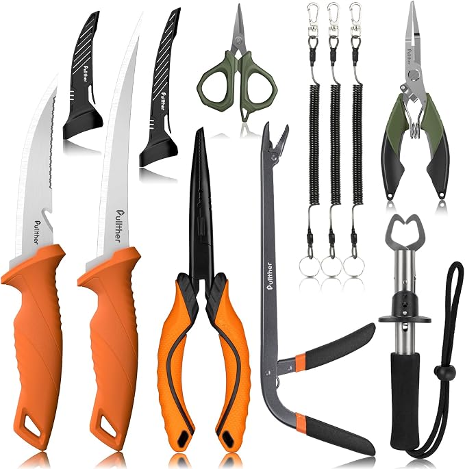 5PC Fishing Tool Kit - Fillet Knife, 2PC Fishing Pliers,Fishing Braid Scissors and Fish Lip Gripper, Fishing Gear for Fly Fishing, Ice Fishing