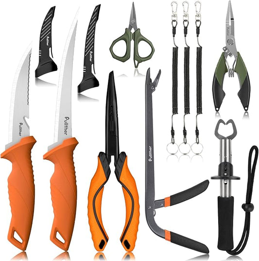 5PC Fishing Tool Kit - Fillet Knife, 2PC Fishing Pliers,Fishing Braid Scissors and Fish Lip Gripper, Fishing Gear for Fly Fishing, Ice Fishing