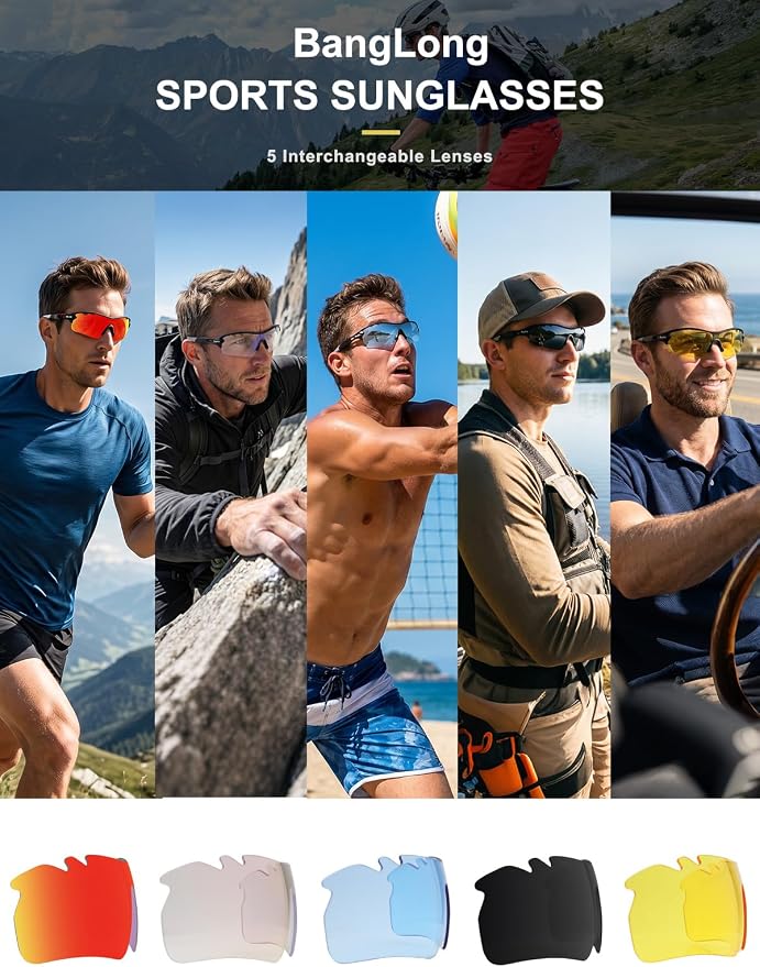 BangLong Polarized Cycling Sunglasses for Men Women, 26g Sports Sunglasses with 5 Lenses for Running Fishing Baseball Driving