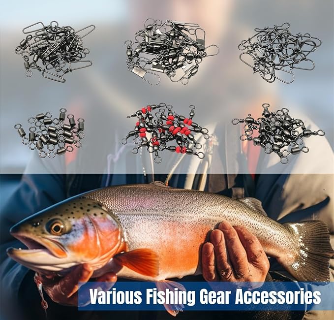 110Pcs Strong Fishing Snap Swivels Kit, Include Rolling Barrel Swivels, Premium 3 Ways Fish Line Connector with Snaps Clips, Fishing Terminal Accessories Tackle Box for Lures Sinkers