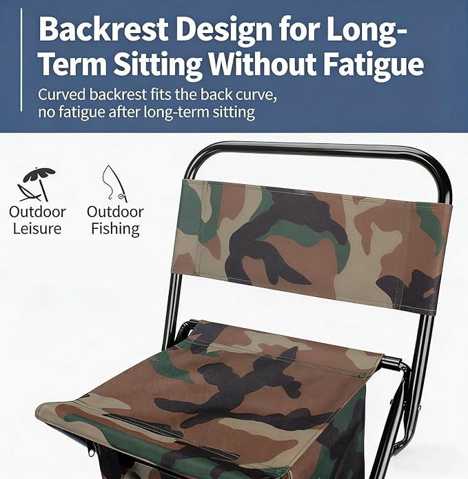Foldable Fishing Chair with Cooler Bag, 3 in 1 Backpack Cooler Chair with Backrest, Lightweight Insulated Portable Fishing Chair for Fishing Hunting Hiking Travel