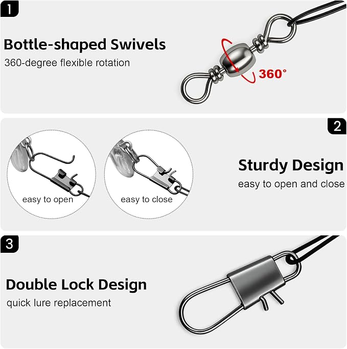 DONQL 50pcs Fishing Leaders, Stainless Steel Fishing Wire Traces Pike Fishing, 10/15/20/25/30cm Anti-Bite Fishing Wire Trace Leaders with Rolling Swivels and Snaps for Bait Rigs Saltwater